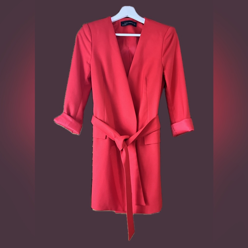 ZARA - Long red blazer jacket with wrap belt in size XS
